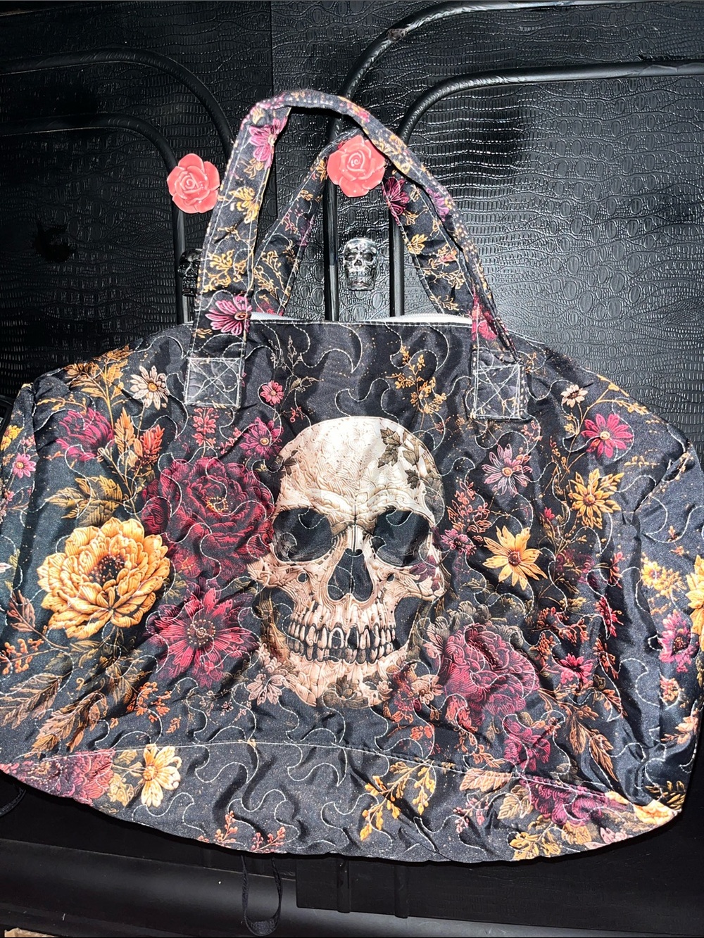 Floral Skull Quilted duffle Bag